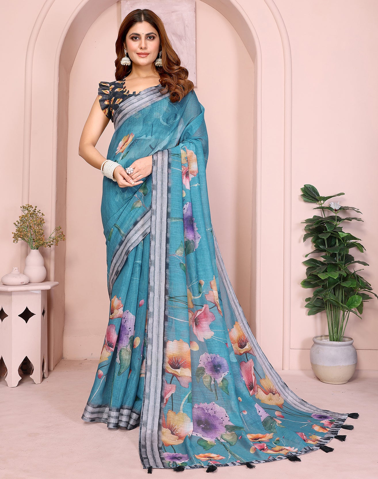 Blue soft linen cotton printed silk saree with woven border