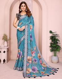 Blue soft linen cotton printed silk saree with woven border