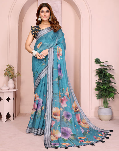 Blue soft linen cotton printed silk saree with woven border
