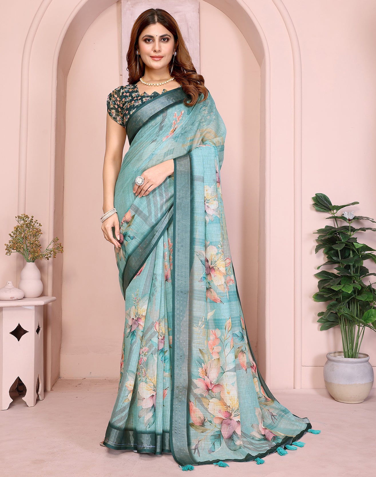 Sea Green soft linen cotton printed silk saree with woven border