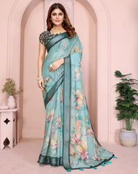 Sea Green soft linen cotton printed silk saree with woven border