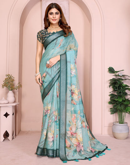 Sea Green soft linen cotton printed silk saree with woven border