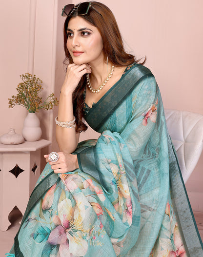Sea Green soft linen cotton printed silk saree with woven border