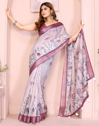 Lavender soft linen cotton printed silk saree with woven border