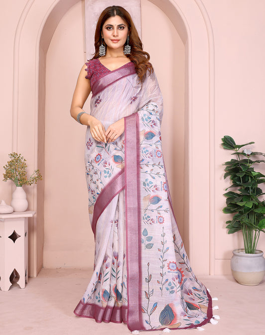 Lavender soft linen cotton printed silk saree with woven border