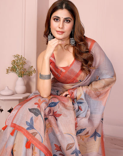 Orange soft linen cotton printed silk saree with woven border