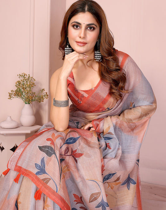 Orange soft linen cotton printed silk saree with woven border