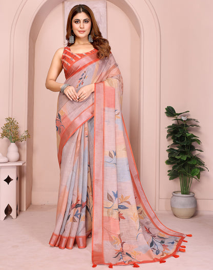 Orange soft linen cotton printed silk saree with woven border