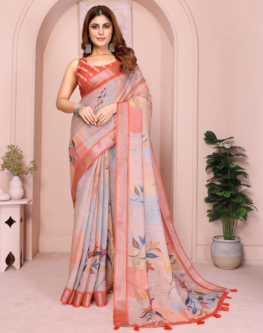 Orange soft linen cotton printed silk saree with woven border