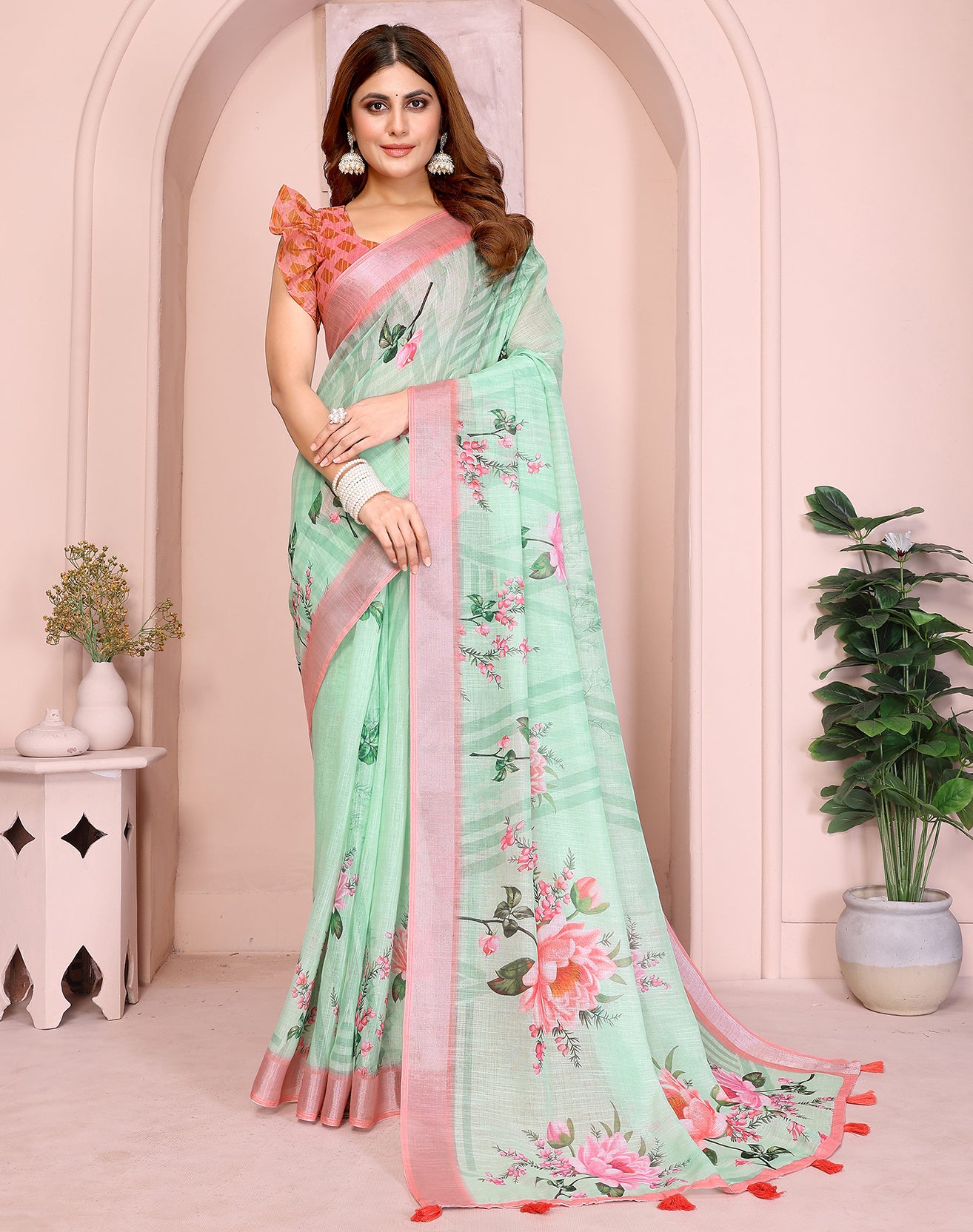 Green soft linen cotton printed silk saree with woven border