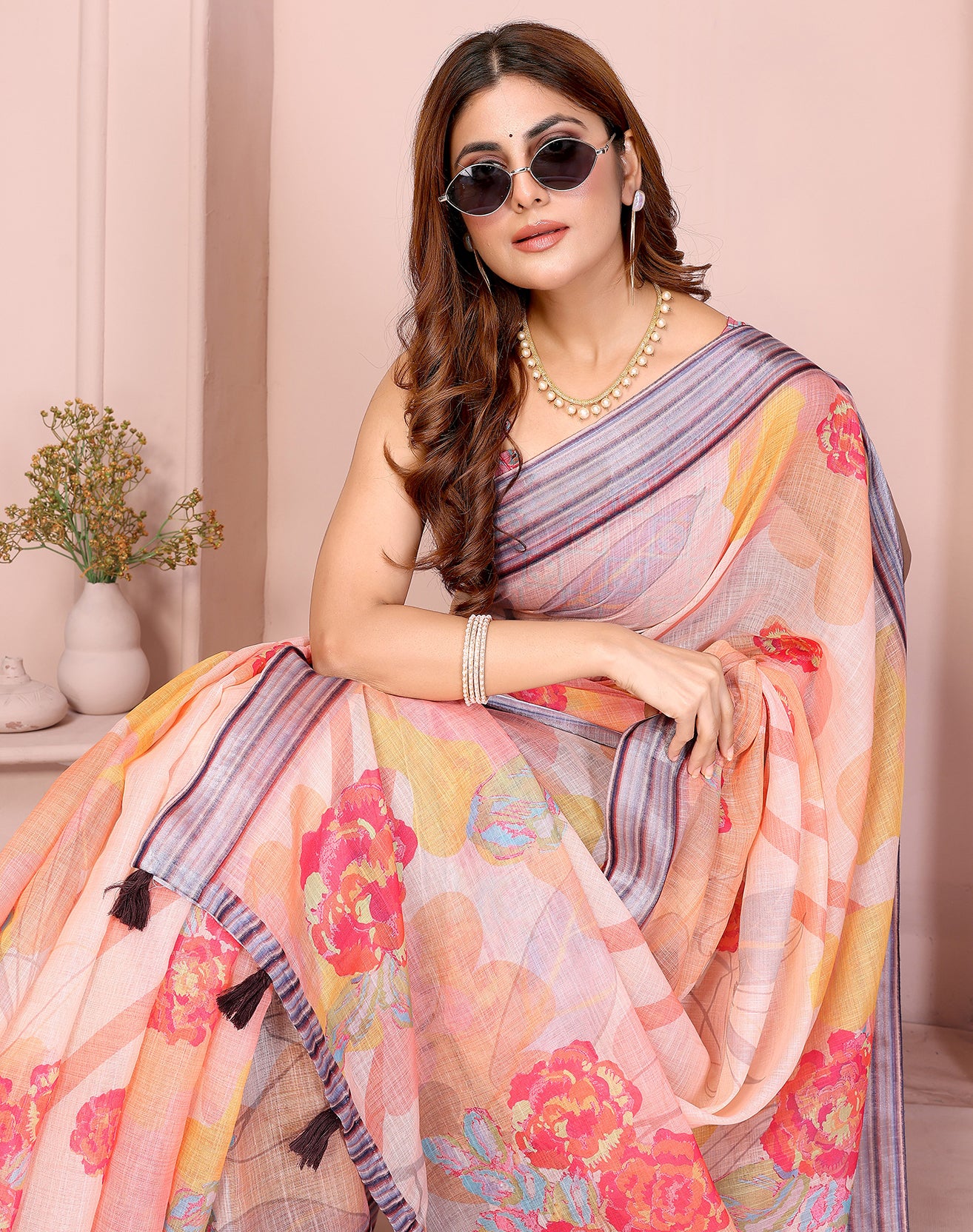 Peach soft linen cotton printed silk saree with woven border