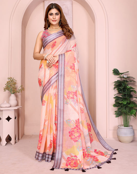 Peach soft linen cotton printed silk saree with woven border