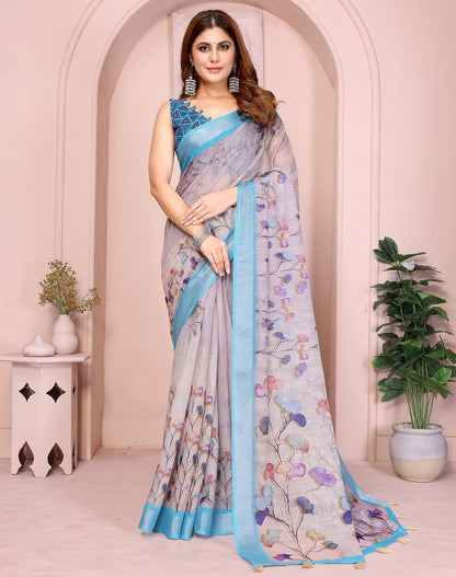 Sky Blue soft linen cotton printed silk saree with woven border