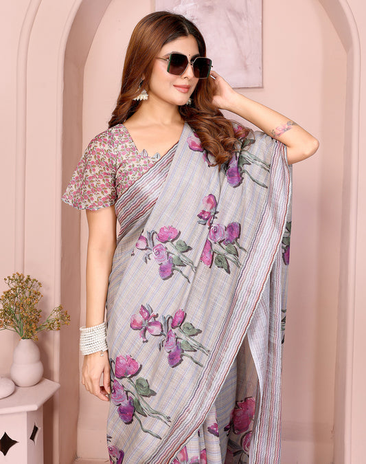 Rose Pink soft linen cotton printed silk saree with woven border