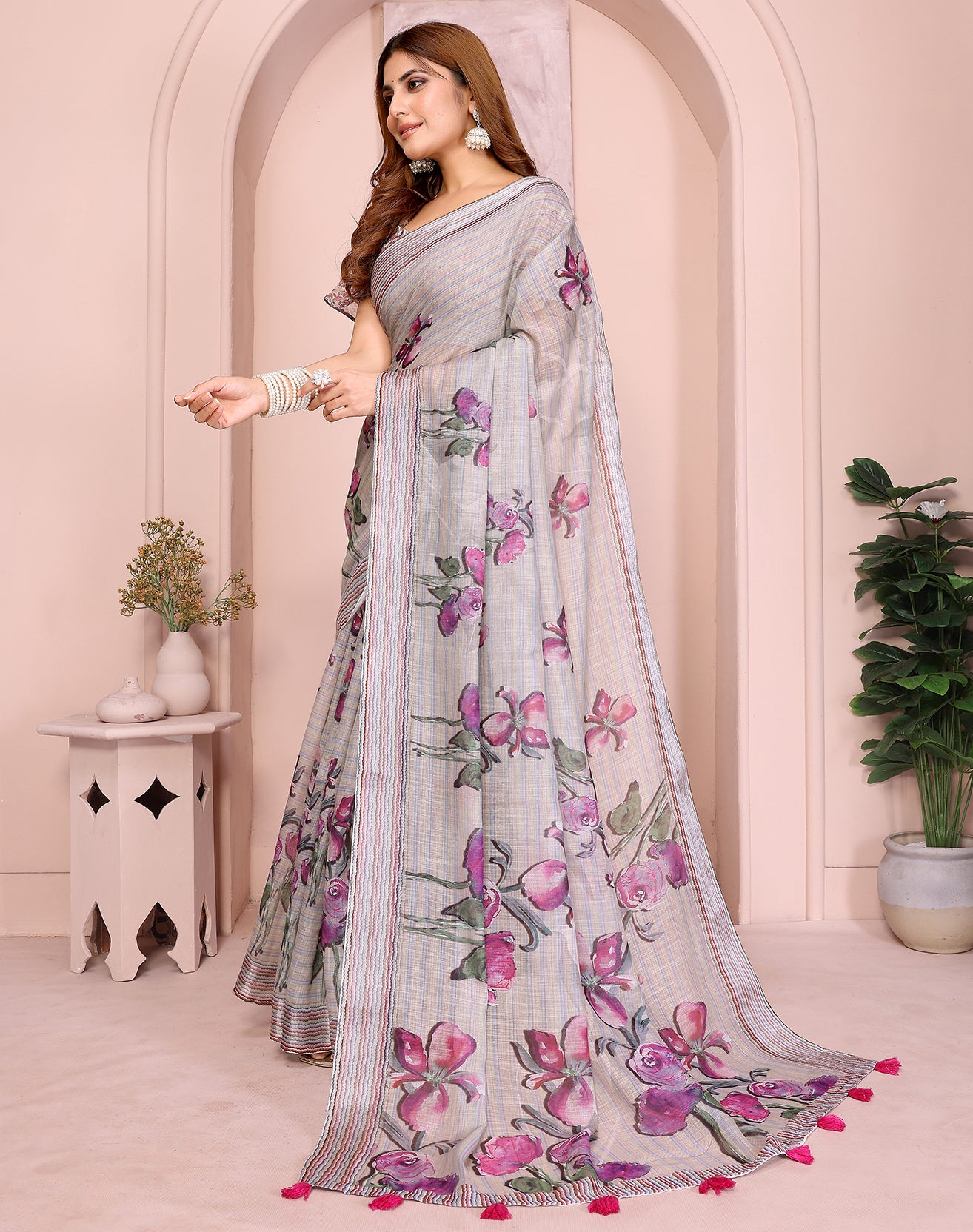 Rose Pink soft linen cotton printed silk saree with woven border