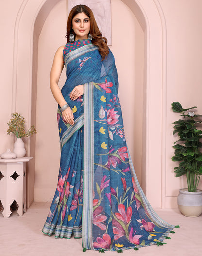Teal soft linen cotton printed silk saree with woven border