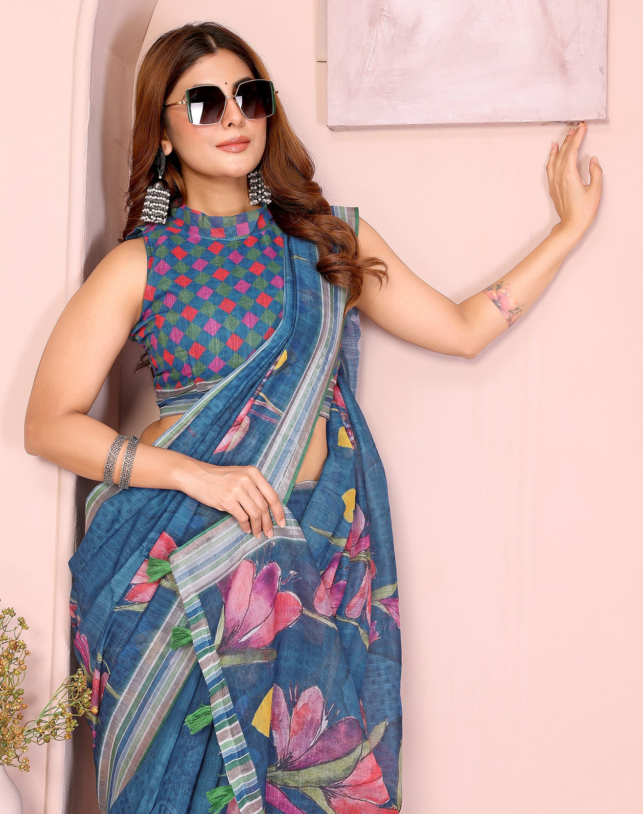 Teal soft linen cotton printed silk saree with woven border