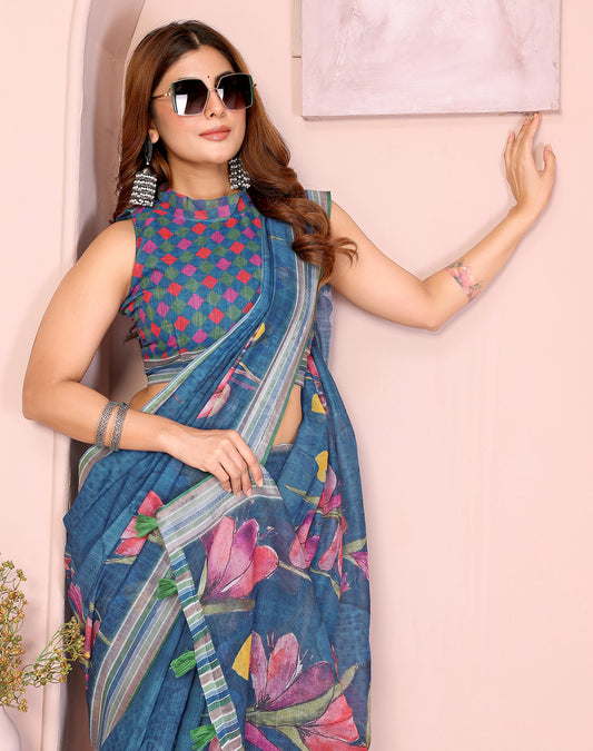 Teal soft linen cotton printed silk saree with woven border