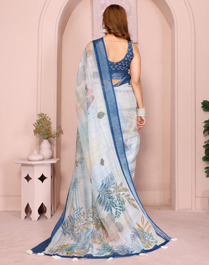 White soft linen cotton printed silk saree with woven border