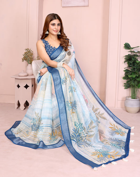 White soft linen cotton printed silk saree with woven border