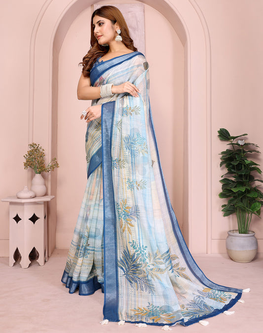 White soft linen cotton printed silk saree with woven border