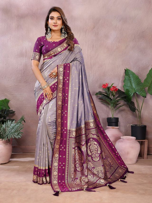 Silver Grey Color Handloom Silk Fabric Weaving Designer Ethnic Partywear Saree