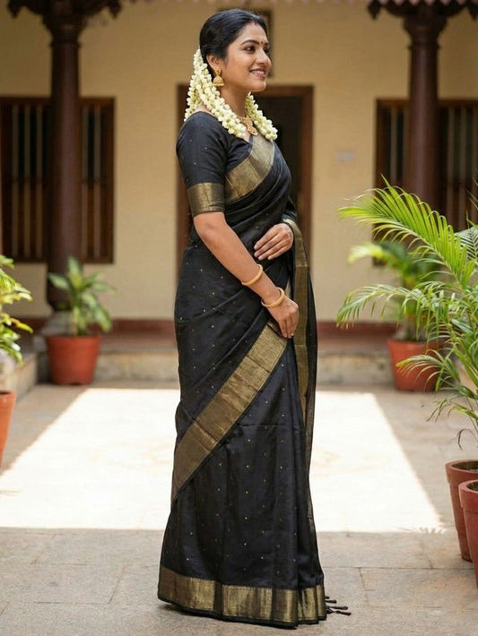 Black Color Soft Silk Fabric Woven Designer Saree For Ethnic Looks
