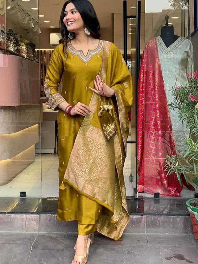 Mustard Color Designer Embroidered Ethnic Partywear Suit