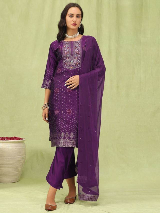 Purple Color Silk Blend Fabric Designer Embroidered Suit