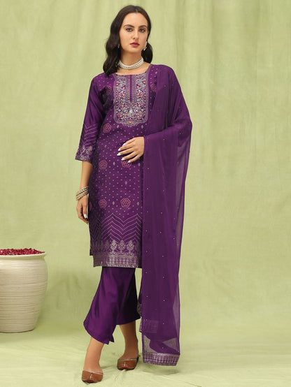 Purple Color Silk Blend Fabric Designer Embroidered Suit