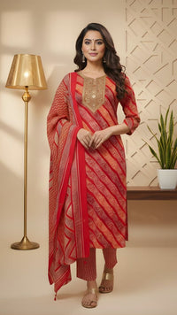 Red Color Cotton Fabric Stylish And Trendy Kurta Set For Ethnic Girls