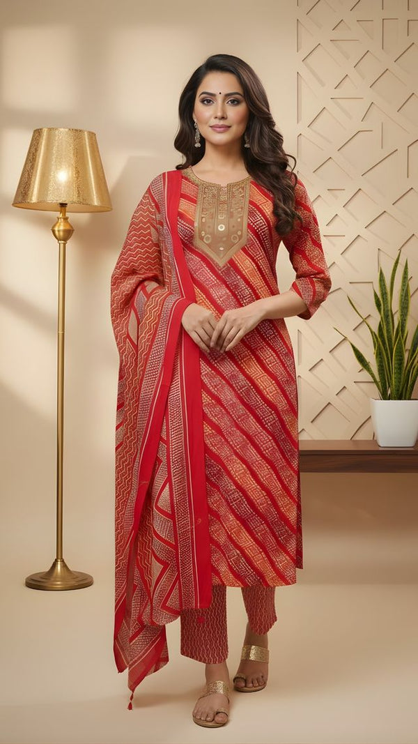 Red Color Cotton Fabric Stylish And Trendy Kurta Set For Ethnic Girls