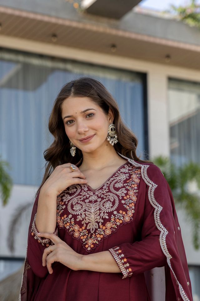 Maroon Chinon Fabric Beautiful Graceful Ceremonial Kurta Set
