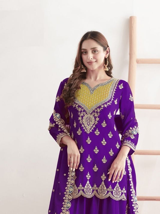 Purple Color Chinon Fabric Designer Embroidered Graceful Palazzo Dress