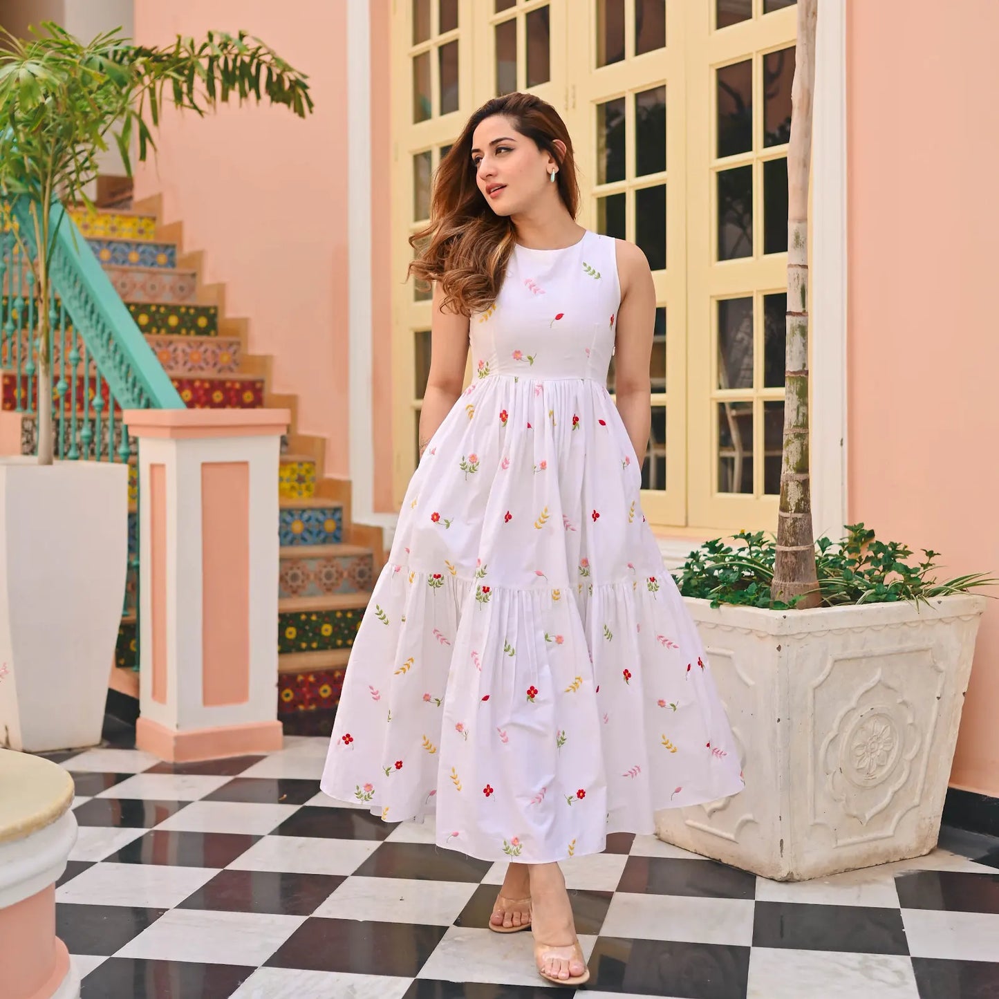 Women's Gorgeous Thread work Cotton Rayon Fabric Flared Dress