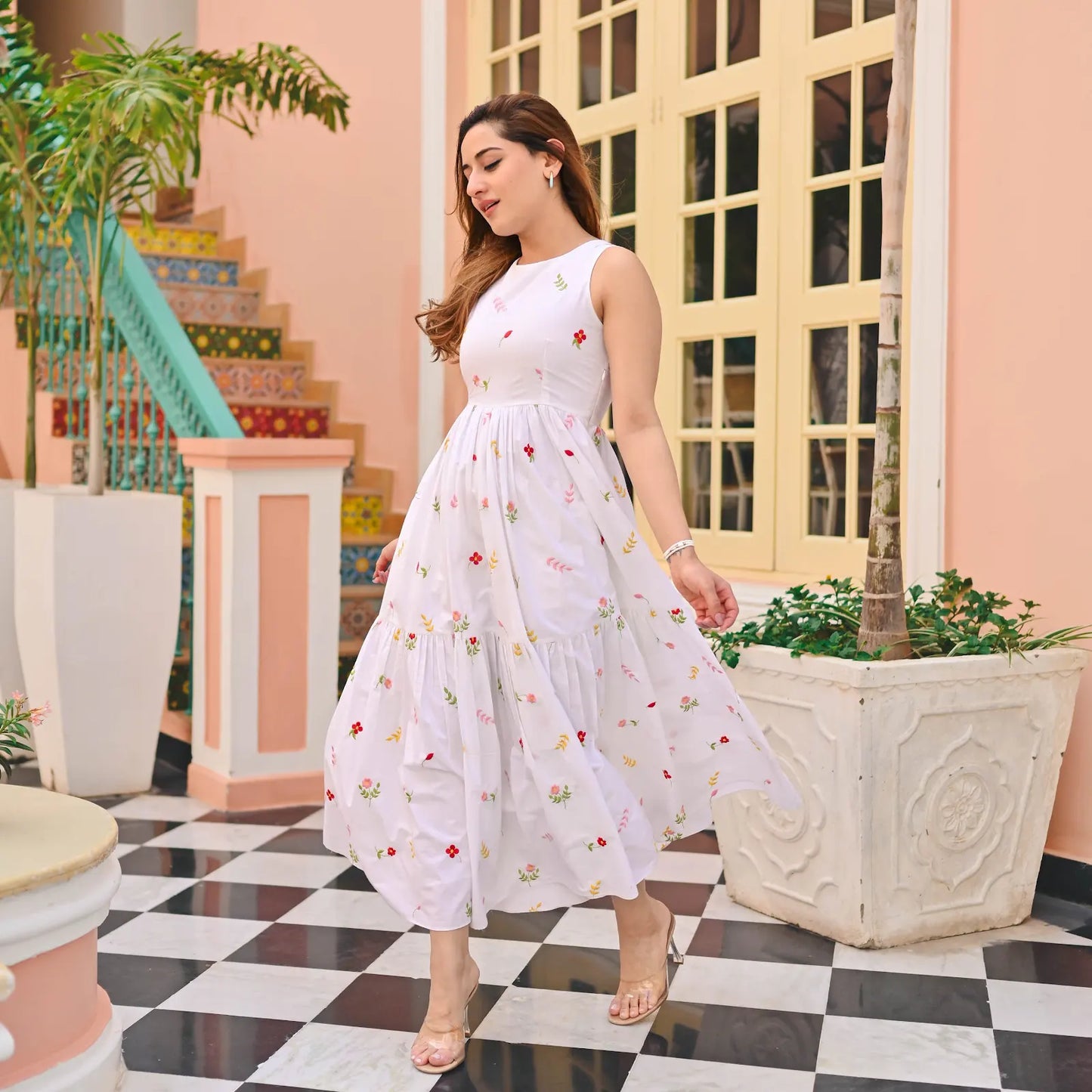 Women's Gorgeous Thread work Cotton Rayon Fabric Flared Dress
