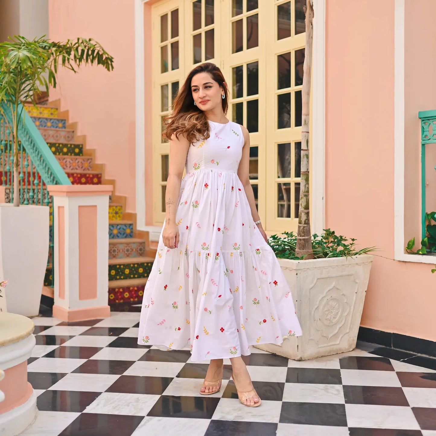 Women's Gorgeous Thread work Cotton Rayon Fabric Flared Dress