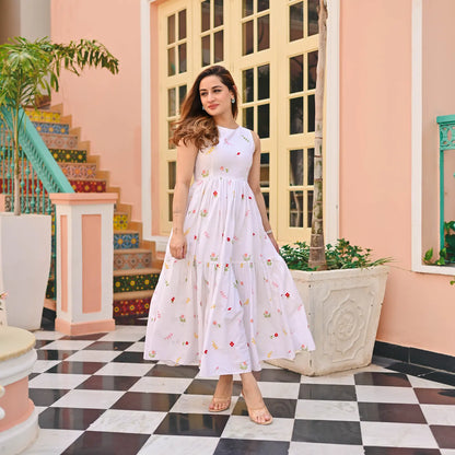 Women's Gorgeous Thread work Cotton Rayon Fabric Flared Dress