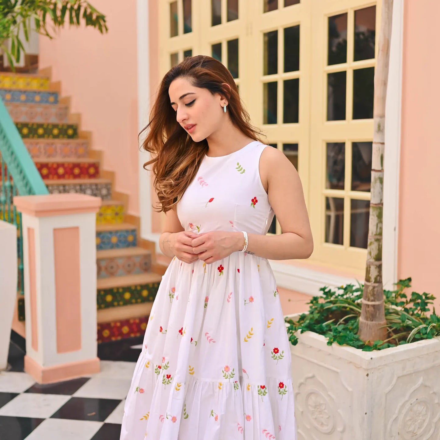 Women's Gorgeous Thread work Cotton Rayon Fabric Flared Dress