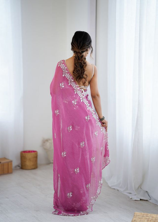 Pink Color Chiffon Crush Fabric Heavy Designer Work Partywear Saree
