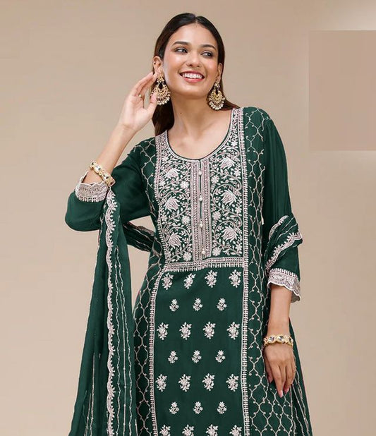 Green Color Georgette Fabric Designer Embroidered Palazzo Suit For Girls