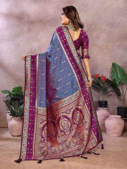 Blue Color Handloom Silk Fabric Weaving Designer Ethnic Partywear Saree