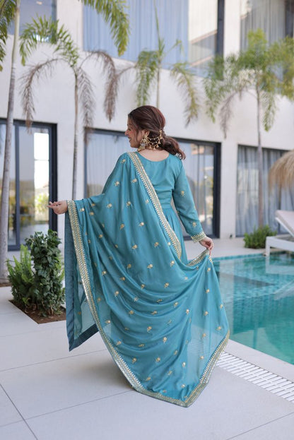 Sky Blue Color Super Silk Fabric Beautiful Ceremonial Suit With Dupatta