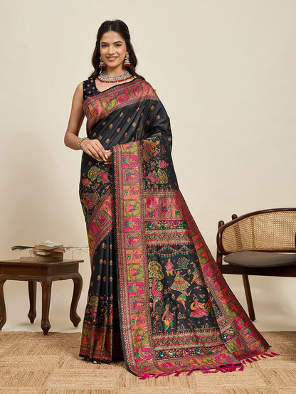 Black Color Beautiful Silk Blended Meenakari Designer Ethnic Partywear Saree
