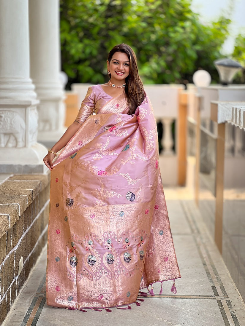 lavender Soft Banarasi Silk Meenakari Weaving Saree With Unstitched Blouse