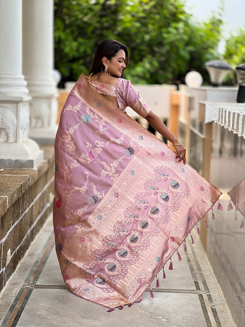 lavender Soft Banarasi Silk Meenakari Weaving Saree With Unstitched Blouse