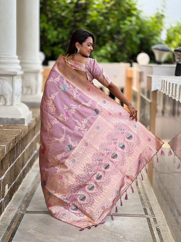 lavender Soft Banarasi Silk Meenakari Weaving Saree With Unstitched Blouse