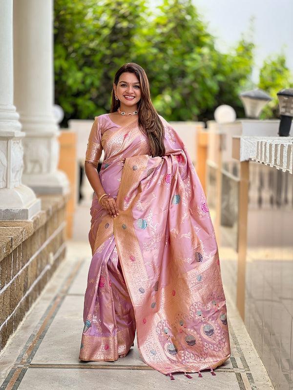 lavender Soft Banarasi Silk Meenakari Weaving Saree With Unstitched Blouse