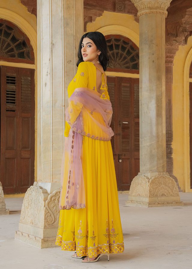 Yellow Color Georgette Fabric Designer Embroidered Partywear Gown For Girlie Looks