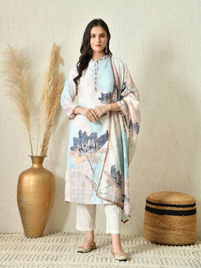 Off White Color Linen Fabric Designer Partywear Readymade Suit
